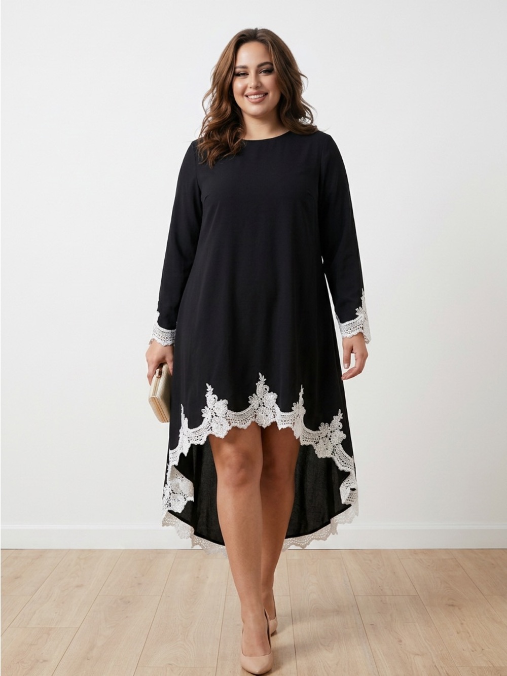 SHEIN Black High-Low Dress with White Lace Hem